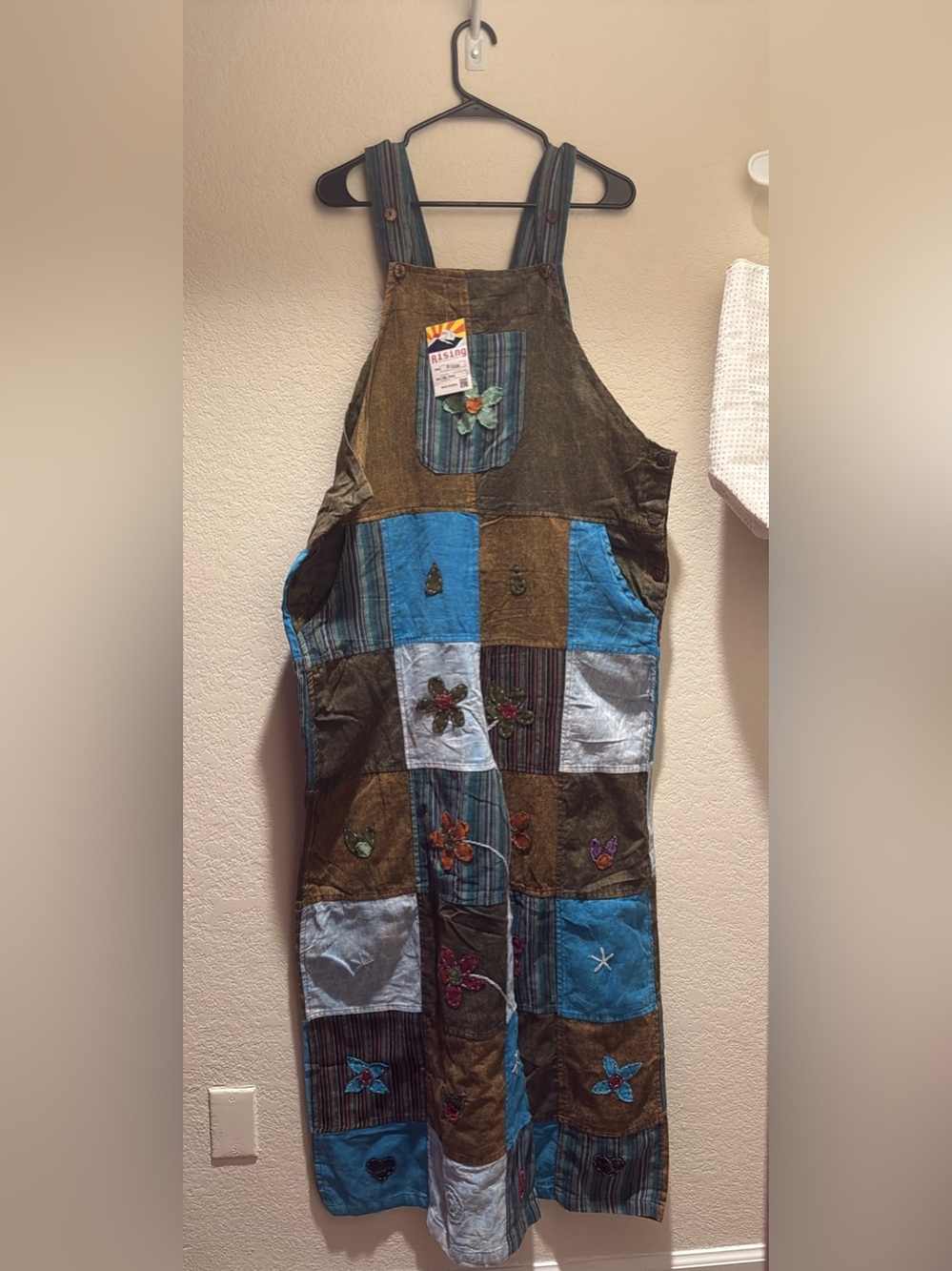 Patchwork Embroidered Overalls - Blue & Brown